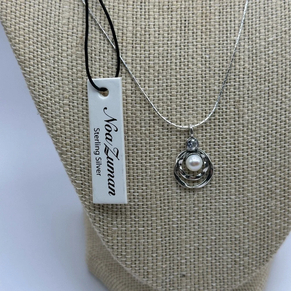 Sterling Silver Pearl & CZ Pendant Necklace